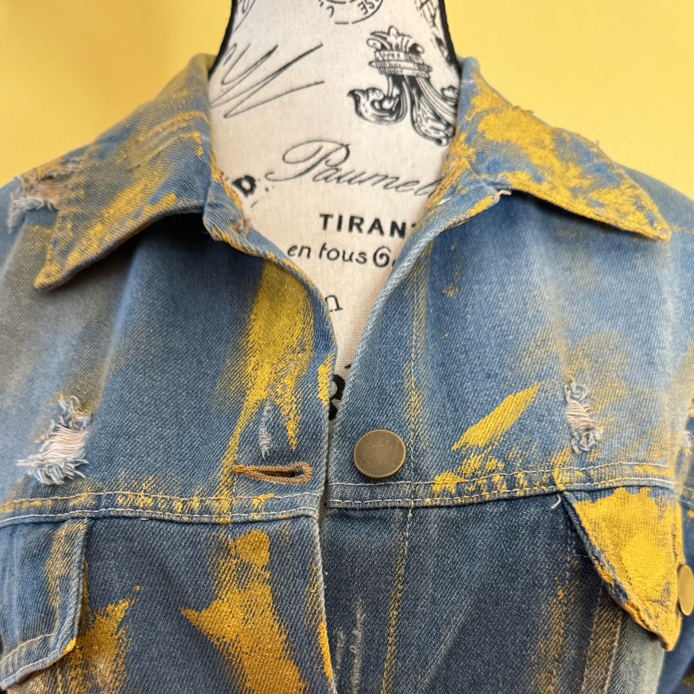 Distressed Hand-Painted Denim Maxi Duster Jacket w. Gold Finish - Picture 5 of 16